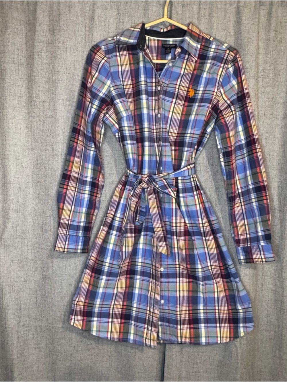 U.S. Polo Assn Plaid Shirt Dress M Blue Red Yellow Belted Button Front NWOT - Picture 3 of 12